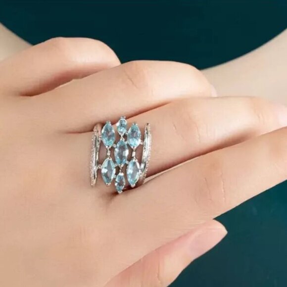 💍Silver Multiple Unique Marquis Gems Bright Light Blue💎 Ring, INDN8564 - Picture 3 of 10